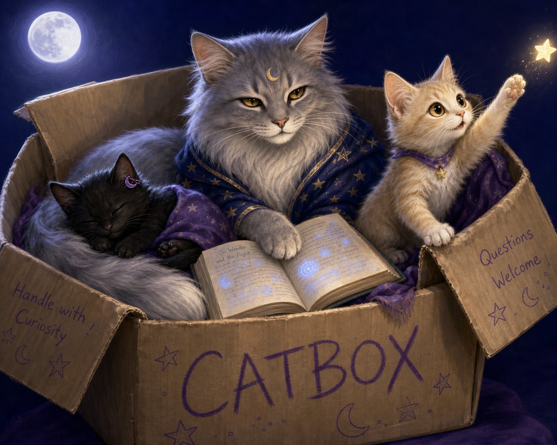 The catbox family: Luna, a black kitten asleep; Selene, a grey cat reading; Astra, a cream kitten reaching for a star; all in a cardboard box marked Handle with Curiosity, Questions Welcome