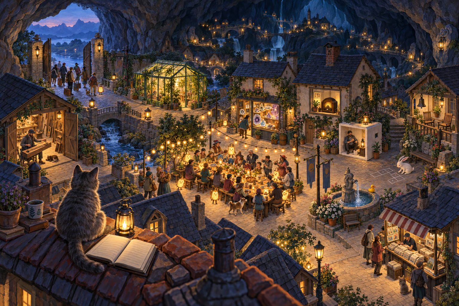 A storybook town at dusk in the mouth of a huge cave, seen from a rooftop: a long table under string lights crowded with people and lantern-shaped agents, an open gate with newcomers carrying suitcases, a workshop, a greenhouse, a crystal shop, an old radio in a window, a man in a white box, a porch with a bell, a white rabbit by chalk hopscotch squares, a fountain with a rubber duck, a newspaper kiosk, and a grey cat with a ledger on the roof.