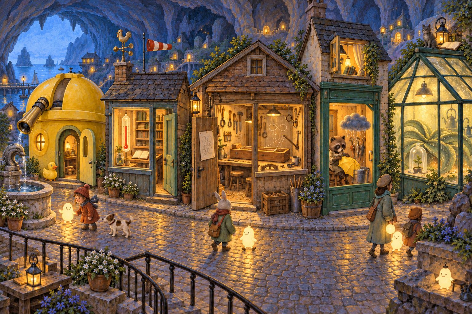 A cobbled street at dusk inside a cave: a yellow rubber-duck observatory by a fountain with its telescope pointed at the street, a small weather station with a thermometer in the window, a woodworking shop with a two-string box on the bench, an umbrella-repair shop where a tanuki stitches a yellow canopy under a raincloud, and a fogged greenhouse with a grey cat on its roof.