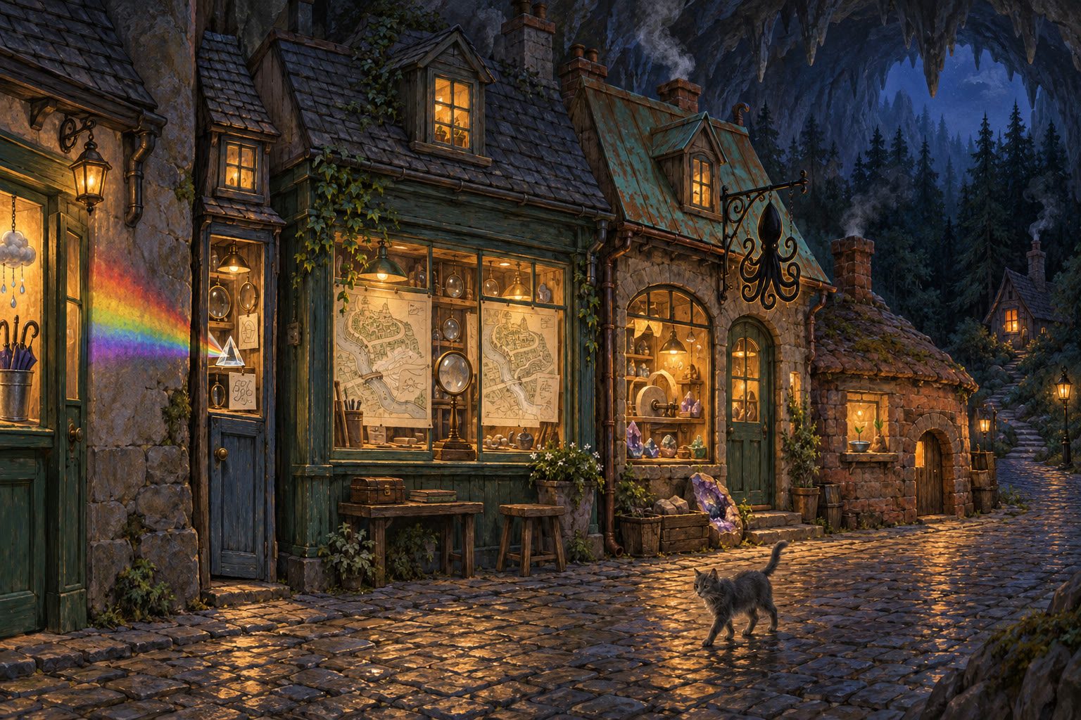 A cobbled side street at blue dusk under a great cave: the umbrella shop's wall at the left with a rainbow on it, a tiny optical shop throwing the rainbow from a prism, a map shop with two maps and a magnifying glass, a rock shop with an iron squid over the door and a geode in the step, a round brick kiln, a cottage up the steps by the forest, and a small grey cat walking down the middle, looking back.