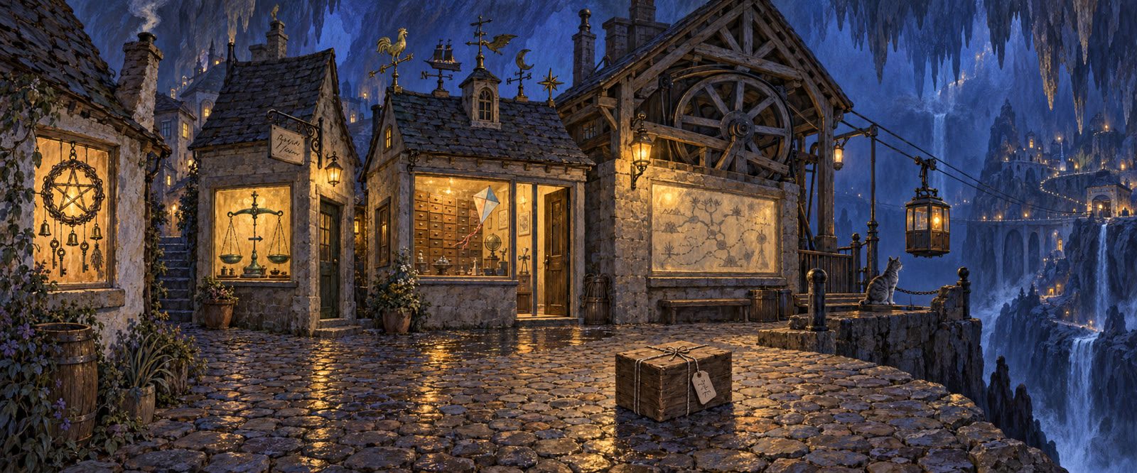 A wet cobbled street at the edge of a chasm: a cottage window with a ring of vine, a twine pentacle, brass bells and skeleton keys, a weigh-house with a brass scale in the window, a wind museum with vanes on the roof and a kite indoors, a gondola station with a great wheel and a fogged map in the window and its cabin hanging out over the chasm, a parcel with a tag left on the cobbles, and a grey cat on the wall.