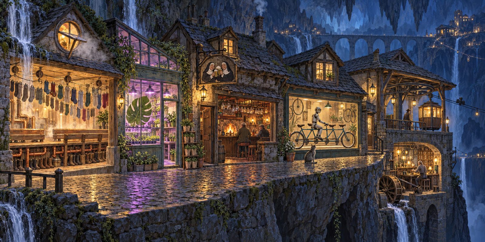 A street on a cliff edge across the chasm, waterfalls on both sides: a drying house with socks on ceiling pulleys and boots under copper pipes, a nursery under violet grow lamps with one huge leaf against the glass, a dive bar called Good Habits with two nuns on its sign and two regulars at the bar, a bicycle shop with a triple tandem and a robot on the middle seat, a repair shop with a waterwheel under the gondola platform, and a grey cat stopped to look.