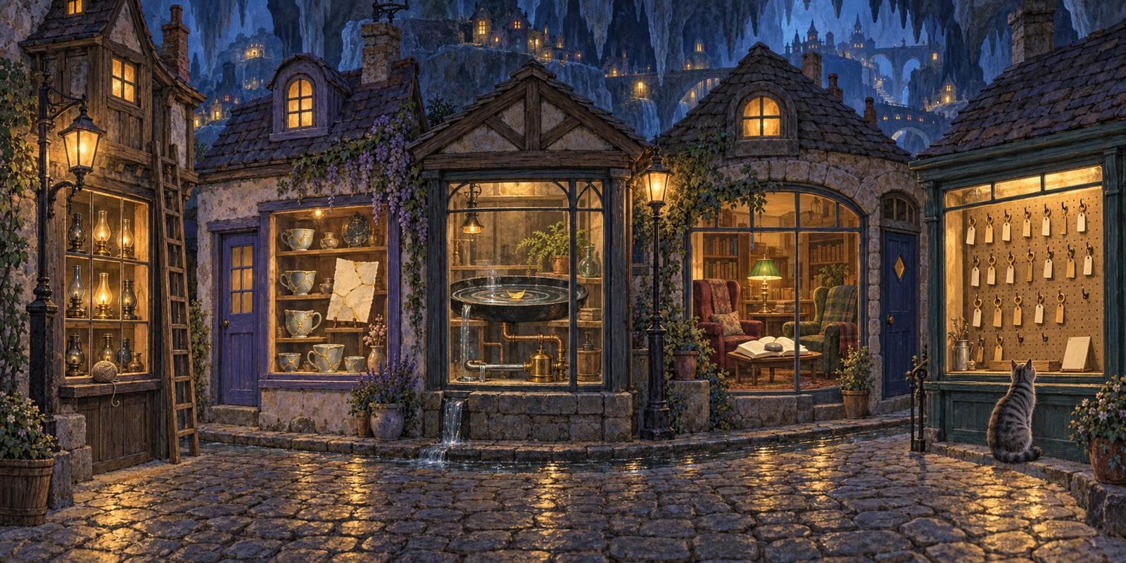 A cobbled lane at blue dusk under the cave roof, a stream spilling from a stone channel: a tall lamplighter's lodge with a ladder and shelves of small lamps, some lit; a kintsugi studio with a purple-blue door and gold-seamed cups in the window; a glass workshop where a gold leaf circles a black basin over a brass pump; a reading room with a blue door, a green lamp, two odd armchairs and an open book; a key-cutting shop with a pegboard of key blanks on tagged hooks, a few empty; a grey cat looking up at the keys.