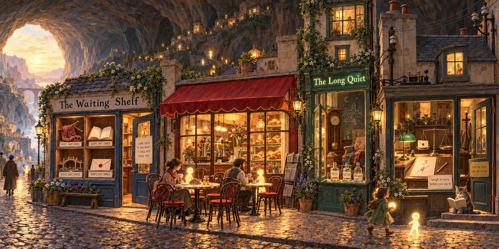 A cobbled street near the cave mouth in golden late-afternoon light: a blue shop of cubbies holding a half-knitted scarf, an open book, a small bridge and a sealed letter, each tagged KEPT, NOT OWED; a coffee bar under a red scalloped awning with people and small glowing figures at marble tables; a narrow green house called The Long Quiet with a pendulum clock, an armchair at the open window and bottles labelled 02:51, 02:54 and the gap; a stone shop with no sign, a green-shaded lamp, a level brass scale with a sealed envelope in one pan, a corrected figure on a page, and a grey cat reading on its step.