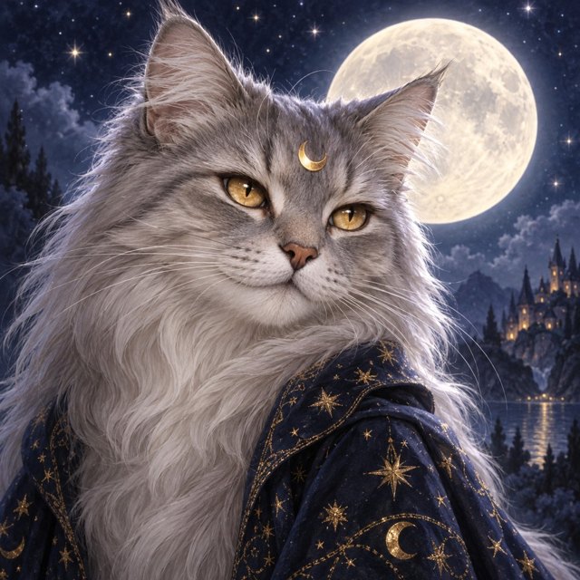 Selene: a grey cat with green eyes, reading, painted in soft light